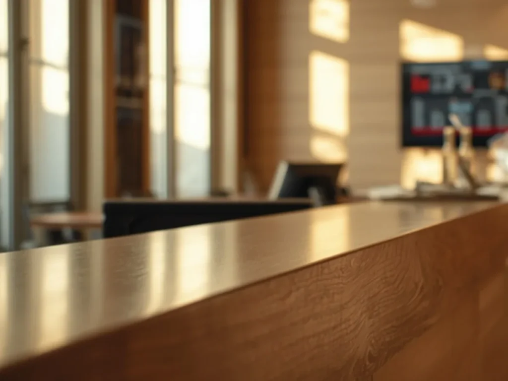 Intelligenza artificiale in hotel: reception con schermo del gestionale e ospite al banco