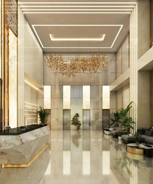 Recruiting alberghiero, hall di hotel con desk reception e sedute
