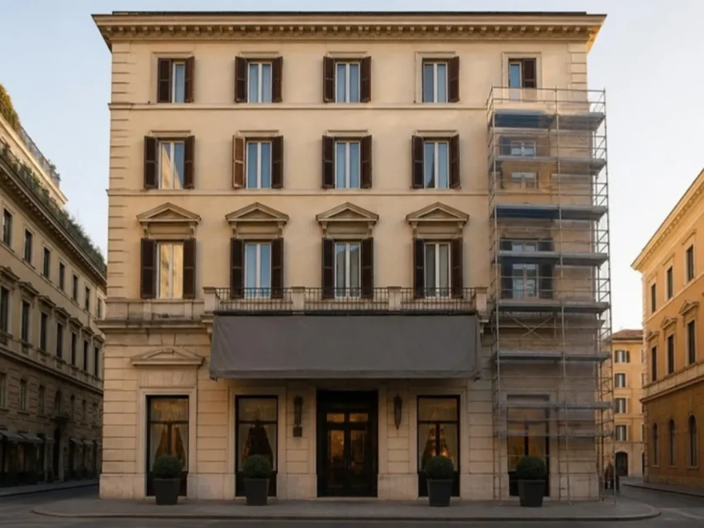 Affiliazione alberghiera: facciata di hotel italiano con insegna in sostituzione e ponteggio leggero