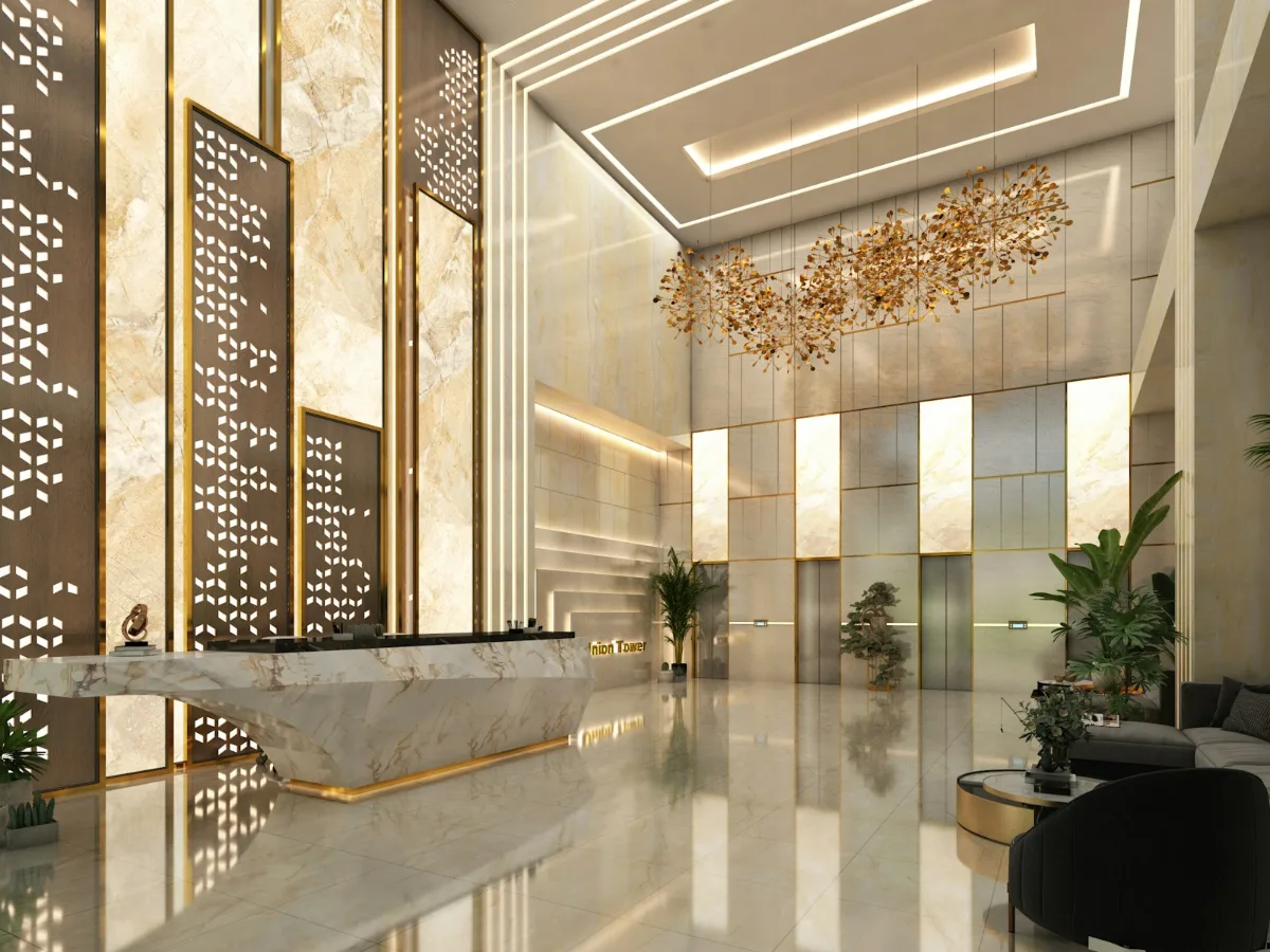 Business travel in Italia, lobby e reception di un hotel cittadino